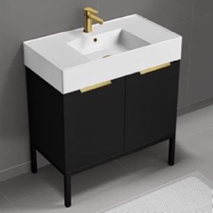 Modern Bathroom Vanity, 32 inch, Matte Black, Free Standing, Gold Handles